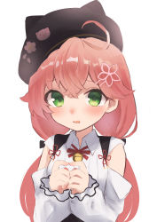 Rule 34 | 1girl, aged down, ahoge, animal hat, bell, beret, black hat, blush, cat hat, child, clothing cutout, collared shirt, commentary, crossed bangs, embarrassed, fidgeting, flower, frilled sleeves, frills, hair between eyes, hair flower, hair ornament, hairclip, hat, highres, hololive, index fingers together, jingle bell, long hair, long sleeves, looking at viewer, low twintails, neck bell, neck ribbon, nervous, oggu (neoguloliko), pink hair, red ribbon, ribbon, sakura miko, sakura miko (casual), shirt, shoulder cutout, simple background, solo, twintails, upper body, virtual youtuber, wavy mouth, white background, white shirt