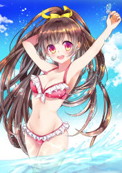 Rule 34 | 1girl, :d, arm up, bikini, blue sky, blush, bow, breasts, brown hair, day, frilled bikini, frills, groin, long hair, looking at viewer, medium breasts, moe2018, navel, open mouth, original, outdoors, red eyes, sky, smile, solo, standing, swimsuit, water drop, yellow bow, yuki (siroikona)