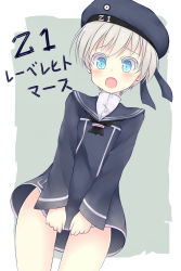 Rule 34 | 10s, 1girl, beret, blue eyes, blush, bottomless, clothes writing, dress, hat, highres, kantai collection, kurono nekomaru, looking at viewer, open mouth, personification, sailor dress, sailor hat, short hair, silver hair, simple background, solo, translated, z1 leberecht maass (kancolle)