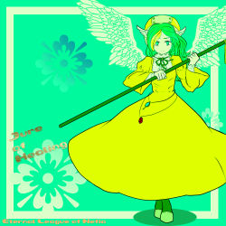 Rule 34 | 1girl, :|, angel wings, aqua background, aqua eyes, blonde hair, buttons, character name, choker, closed mouth, copyright name, crossed legs, dress, elona, english text, eyebrows, eyelashes, facing viewer, feathered wings, feathers, flat chest, flat color, floral background, flower, full body, gem, green footwear, green hair, green neckwear, green pantyhose, green ribbon, hat, head wings, high contrast, highres, holding, holding polearm, holding spear, holding weapon, juliet sleeves, jure of healing, lace, lace-trimmed dress, lace-trimmed sleeves, lace trim, long hair, long sleeves, looking at viewer, multicolored hair, pantyhose, polearm, puffy long sleeves, puffy sleeves, ribbon, ribbon-trimmed clothes, ribbon-trimmed shoes, ribbon choker, ribbon trim, shadow, shoes, shunkichi, sleeves past wrists, solo, spear, text focus, turtleneck, two-tone hair, watson cross, wavy hair, weapon, white wings, wide sleeves, wings, yellow dress, yellow hat
