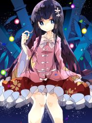 Rule 34 | 1girl, bamboo, black hair, blue eyes, bow, bowtie, closed mouth, commentary, diamond-shaped pupils, diamond (shape), feet out of frame, flower, frilled skirt, frills, hair flower, hair ornament, highres, holding, holding own hair, houraisan kaguya, knees together feet apart, long hair, long sleeves, looking at viewer, night, night sky, nikorashi-ka, one-hour drawing challenge, pink shirt, red skirt, shirt, sitting, skirt, sky, solo, star (sky), starry sky, symbol-shaped pupils, touhou, white bow, wide sleeves