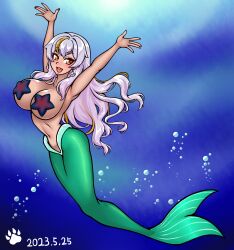 Rule 34 | 1girl, arms up, blonde hair, breasts, green tail, grey hair, highres, large breasts, long hair, mermaid, monster girl, multicolored hair, park dona, solo, southhot, starfish, two-tone hair, virtual youtuber