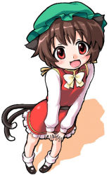 Rule 34 | 1girl, animal ears, blush, bobby socks, bow, bowtie, brown eyes, brown hair, cat ears, cat girl, cat tail, chen, dress, female focus, hat, long sleeves, looking at viewer, manji taba, mary janes, mob cap, multiple tails, nekomata, red dress, shoes, sidelocks, socks, solo, tail, tareme, touhou, two tails, white socks, yellow bow, yellow bowtie
