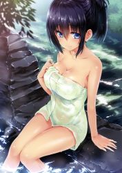 Rule 34 | 1girl, absurdres, arm support, bare shoulders, black hair, blue eyes, breasts, cleavage, collarbone, day, hair between eyes, highres, hisasi, large breasts, looking at viewer, looking to the side, naked towel, onsen, outdoors, ponytail, scan, shiny skin, sidelocks, sitting, smile, soaking feet, solo, source request, sparkle, steam, thighs, towel, water, wet
