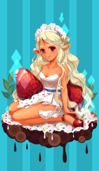 Rule 34 | 1girl, :p, bbcat1984, blonde hair, blue background, cake, dress, food, fruit, highres, icing, long hair, maid headdress, original, pointy ears, red eyes, shoes, sitting, skirt, smile, solo, sprinkles, strapless, strapless dress, strawberry, striped, striped background, tan, tongue, tongue out, vertical stripes, wariza, white skirt