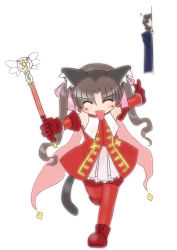 Rule 34 | 1boy, 1girl, animal ears, brown hair, cat ears, cat tail, elbow gloves, closed eyes, fate/hollow ataraxia, fate/stay night, fate (series), gloves, hair ribbon, kaleido ruby, kaleidostick, kotomine kirei, parody, peeking out, red gloves, ribbon, tail, thighhighs, tohsaka rin, toosaka rin, twintails