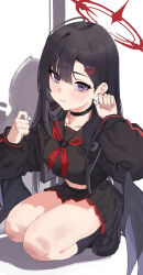 Rule 34 | 1girl, 3:, absurdres, airpods, black choker, black hair, black jacket, black shirt, black skirt, black wings, blue archive, breasts, choker, closed mouth, earphones, gubbi on, hair ornament, hairclip, halo, hand up, highres, holding, holding earphones, ichika (blue archive), jacket, kneeling, korean commentary, long hair, long sleeves, looking at viewer, low wings, medium breasts, neckerchief, purple eyes, red neckerchief, sailor collar, school uniform, shadow, shirt, skirt, solo, thighs, white background, wings, wireless earphones