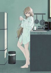 Rule 34 | 1girl, barefoot, black eyeliner, black hair, brown hair, coffee, coffee cup, coffee maker, cooking pot, counter, cup, disposable cup, eyelashes, eyeliner, frying pan, fzvkrjisli18183, highres, holding, holding cup, hololive, hololive english, kitchen, long hair, long sleeves, looking at viewer, makeup, messy hair, morning, mug, multicolored hair, nanashi mumei, no pants, oversized clothes, refrigerator, shirt, sink, smile, solo, standing, streaked hair, trash can, very long hair, virtual youtuber, white hair, white shirt, window, yellow eyes