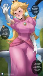 Rule 34 | 1girl, absurdres, blonde hair, bowser, breasts, cheating (relationship), closed eyes, crown, dress, earrings, echo saber, elbow gloves, english text, gloves, highres, jewelry, large breasts, mario (series), nintendo, outdoors, pink dress, princess peach, smile, the super mario bros. movie, thought bubble, white gloves