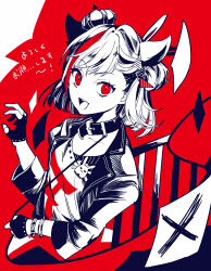 Rule 34 | bati15, collar, fingerless gloves, gloves, highres, jacket, leash, looking at viewer, medium hair, one side up, open mouth, red eyes, red theme, ruma (vocaloid), shirt, smile, tenjin kotone, tenjin kotone (channel), upper body, virtual youtuber