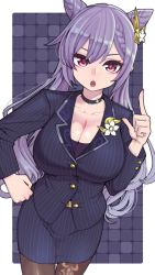 Rule 34 | 1girl, black pantyhose, breasts, choker, cleavage, contemporary, genshin impact, hair ornament, hanauna, hand on own hip, keqing (genshin impact), long hair, office lady, open mouth, pantyhose, pencil skirt, purple eyes, purple hair, skirt, solo, twintails