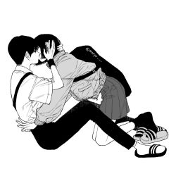 Rule 34 | 1boy, 1girl, backpack, bag, between legs, bob cut, closed eyes, collared shirt, couple, face-to-face, flip-flops, from side, full body, greyscale, hand in another&#039;s hair, hands on another&#039;s head, heel pop, hetero, jacket, kiss, kneeling, knees up, leaning forward, long sleeves, miniskirt, monochrome, muryo, original, outstretched arms, pants, pleated skirt, sandals, shirt, short hair, short sleeves, simple background, sitting, skirt, socks, twitter username, wristband, zipper