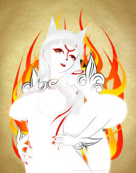 Rule 34 | 1girl, amaterasu (ookami), animal ears, breasts, brown eyes, deliciousorange, facial mark, fingernails, fire, fire, fur, hands on own hips, hime cut, large breasts, lips, lipstick, long fingernails, long hair, makeup, nail polish, no nipples, nude, ookami (game), personification, silver hair, solo, tail, watermark, web address, wolf ears, wolf tail