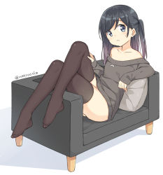 Rule 34 | 1girl, ass, black hair, blue eyes, blush, brown hair, brown thighhighs, collarbone, commentary request, couch, crossed legs, gradient hair, grey sweater, hair between eyes, hand on leg, hand on own thigh, hatsunatsu, head tilt, long hair, long sleeves, multicolored hair, no shoes, off-shoulder, off-shoulder sweater, off shoulder, on couch, one side up, original, parted lips, shadow, sleeves past wrists, solo, sweater, thighhighs, twitter username, white background