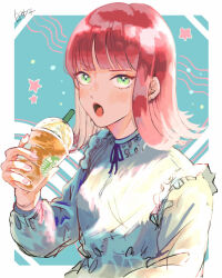 Rule 34 | 1girl, :o, blue background, blunt bangs, breasts, cup, disposable cup, flipped hair, frilled shirt collar, frills, green eyes, hand up, highres, holding, holding cup, katori youko, long sleeves, looking at viewer, open mouth, outside border, pink nails, red hair, short hair, sirasu ko, small breasts, solo, star (symbol), unfinished, upper body, world trigger