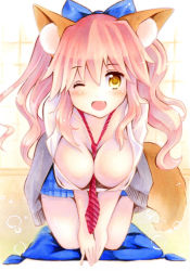 Rule 34 | 10s, 1girl, animal ear fluff, animal ears, blush, breasts, cleavage, collarbone, fang, fate/extra, fate (series), fox ears, fox tail, hair ribbon, highres, large breasts, marker (medium), official alternate costume, one eye closed, open mouth, pink hair, ribbon, school uniform, shinonome86, solo, tail, tamamo (fate), tamamo no mae (fate/extra), tamamo no mae (jk) (fate), traditional media, yellow eyes