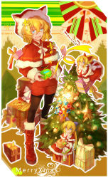 Rule 34 | 2girls, alice margatroid, animal ears, blonde hair, blue eyes, blush, bow, candy, candy cane, cat ears, christmas, christmas tree, fake animal ears, food, gift, hair bow, hat, highres, holding, holding gift, long hair, looking at viewer, merry christmas, multiple girls, open mouth, red bow, rhachen, santa costume, santa hat, shanghai doll, short hair, smile, star (symbol), touhou, winter