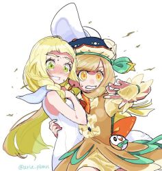 2girls aria_pkmn bird black_hair blonde_hair boots braid cosplay creatures_(company) decidueye decidueye_(cosplay) dress game_freak gen_7_pokemon gloves green_eyes hair_ornament hat holding jewelry lillie_(pokemon) long_hair magical_girl multiple_girls nintendo pokemon pokemon_sm precure rowlet rowlet_(cosplay) selene_(pokemon) shirt short_hair unofficial_precure_costume white_dress