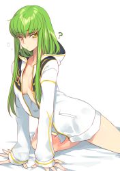 Rule 34 | 1girl, ?, arm support, bare legs, bed sheet, blush, breasts, c.c., cleavage, closed mouth, coat, code geass, creayus, green hair, hood, hood down, hooded jacket, jacket, kneeling, long hair, long sleeves, looking at viewer, medium breasts, naked coat, on one knee, open clothes, open jacket, sidelocks, simple background, sleeves past wrists, solo, straight hair, thighs, tsurime, unzipped, very long hair, white background, white jacket, yellow eyes