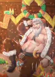 Rule 34 | 1boy, absurdres, artist request, bara, bare pectorals, beard, belly, bulge, christmas, christmas wreath, cross-laced clothes, cross-laced legwear, dwarf, facial hair, fat, fat man, foot out of frame, full beard, hat, highres, huge eyebrows, large pectorals, long beard, male focus, mature male, muscular, muscular male, mustache, nipples, old, old man, original, pectorals, pointy ears, red hat, santa costume, santa hat, short hair, sitting, solo, textless version, thick chest hair, thick navel hair, white hair, wreath
