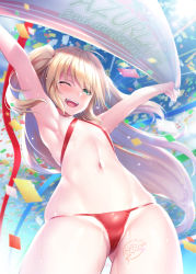 Rule 34 | 1girl, admiral hipper (azur lane), ahoge, armpits, arms up, azur lane, bikini, blonde hair, blue sky, blush, body writing, confetti, copyright name, cowboy shot, criss-cross halter, day, flat chest, floating hair, green eyes, hair between eyes, halterneck, highres, holding, holding towel, ken ill, long hair, looking at viewer, micro bikini, mole, mole under eye, navel, one eye closed, open mouth, outdoors, red bikini, skindentation, sky, smile, solo, stomach, swimsuit, thighs, towel, two side up, wind