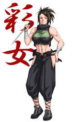 Rule 34 | 1girl, abs, ankle socks, ayame (tenchuu), bandaged wrist, bandages, black footwear, black hair, black socks, breasts, brown eyes, commentary request, crimson fish, crop top, full body, highres, hip vent, japanese clothes, large breasts, midriff, muscular, muscular female, ninja, reverse grip, scabbard, sheath, short hair, short sword, sleeveless, socks, solo, sword, tabi, tantou, tenchuu, updo, weapon