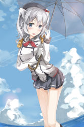 Rule 34 | 1girl, 7gao, :d, absurdres, beret, black socks, blue eyes, blush, breasts, cloud, collared shirt, commentary, contrail, day, epaulettes, frilled sleeves, frills, gloves, grey shirt, hair between eyes, hat, highres, holding, holding umbrella, jacket, kantai collection, kashima (kancolle), kneehighs, large breasts, lens flare, long hair, long sleeves, looking at viewer, looking to the side, md5 mismatch, military, military jacket, military uniform, miniskirt, neckerchief, ocean, open mouth, pleated skirt, red neckerchief, resolution mismatch, shirt, sidelocks, silver hair, skirt, sky, smile, socks, solo, source smaller, tsurime, umbrella, uniform, wavy hair, white gloves, white jacket