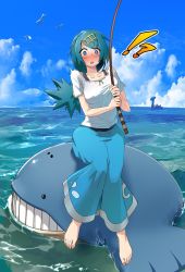 Rule 34 | !?, 1girl, barefoot, bird, blue pants, blush, breasts, cloud, collarbone, commentary request, creatures (company), day, fishing, fishing rod, game freak, gen 1 pokemon, gen 3 pokemon, hairband, highres, holding, holding fishing rod, jako (boke poke), lana (pokemon), lapras, long hair, nintendo, no sclera, ocean, aged up, open mouth, outdoors, pants, pokemon, pokemon (anime), pokemon (creature), pokemon sm (anime), ponytail, riding, riding pokemon, shirt, short sleeves, sitting, sky, surprised, toes, wailmer, water, white shirt, wingull, yellow hairband