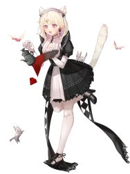 Rule 34 | 1girl, animal, animal ears, arknights, black dress, black footwear, blonde hair, breasts, cat, cat ears, cat girl, cat tail, cleavage, dress, elbow gloves, extra ears, fang, full body, gloves, high heels, highres, holding, holding teapot, holding tray, kazemaru (arknights), kazemaru (like illusion) (arknights), leg up, m58-on-the-way, maid headdress, official alternate costume, open mouth, pantyhose, pink eyes, puffy sleeves, simple background, skin fang, small breasts, solo, standing, standing on one leg, tail, teapot, tray, white background, white gloves, white pantyhose