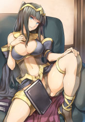 Rule 34 | 1girl, alternate costume, bare shoulders, black hair, blue eyes, book, breasts, cleavage, colored eyelashes, detached sleeves, fire emblem, fire emblem awakening, hime cut, large breasts, long hair, looking at viewer, navel, nintendo, parted lips, sajittari, sitting, smile, solo, spread legs, tharja (fire emblem), thighs