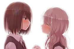 Rule 34 | 2girls, black ribbon, blush, brown eyes, brown hair, closed eyes, closed mouth, collared shirt, commentary request, facing another, hair between eyes, hand up, imminent kiss, kago no tori, long hair, looking at another, multiple girls, neck ribbon, original, parted lips, profile, ribbon, shirt, simple background, sweater vest, upper body, white background, white shirt, yuri