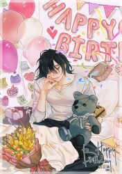 Rule 34 | 1boy, absurdres, bags under eyes, balloon, black eyes, black hair, boku no hero academia, border, bouquet, collarbone, confetti, dated, eraser head (boku no hero academia), eyepatch, facial scar, flower, gift, grey ribbon, grey shirt, happy birthday, highres, long sleeves, male focus, oru 2ji, out of frame, party popper, pectoral cleavage, pectorals, pillow, scar, scar on cheek, scar on face, shirt, solo focus, sparse stubble, sticky note, string of flags, stuffed animal, stuffed toy, teddy bear, translation request