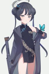 Rule 34 | 1girl, absurdres, black dress, black gloves, black hair, black jacket, blue archive, bug, butterfly, butterfly hair ornament, butterfly on hand, china dress, chinese clothes, double bun, dress, gloves, grey eyes, gun, hair bun, hair ornament, halo, highres, holding, holding gun, holding weapon, insect, jacket, kisaki (blue archive), long hair, looking at viewer, off shoulder, ooho0216, pinstripe jacket, pinstripe pattern, resolution mismatch, solo, source smaller, striped, twintails, weapon