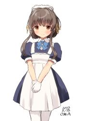 Rule 34 | 1girl, alternate costume, apron, black dress, blush, brown eyes, brown hair, cowboy shot, dated, dress, enmaided, gloves, highres, kantai collection, maid, owa (ishtail), short hair, short hair with long locks, short sleeves, simple background, twitter username, ukuru (kancolle), white background, white gloves