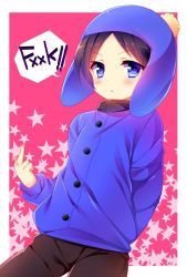 Rule 34 | 1boy, androgynous, bad id, bad pixiv id, black hair, blue eyes, blush, censored, censored text, child, chullo, coat, craig tucker, earflap hat, english text, hat, hat pompom, male focus, middle finger, profanity, riko (kujira215), short hair, solo, south park, speech bubble, standing, star (symbol), starry background
