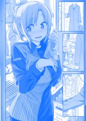 Rule 34 | 1boy, 1girl, blue theme, bottle, breasts, comic, commentary request, convenience store, embarrassed, employee uniform, getsuyoubi no tawawa, himura kiseki, holding, holding bottle, indoors, large breasts, lawson, monochrome, ponytail, price tag, shop, short hair, silent comic, uniform
