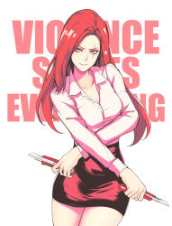 Rule 34 | 1girl, alternate costume, boxcutter, breasts, cal (pmgdd), catchphrase, cleavage, contemporary, cowboy shot, dress shirt, dual wielding, holding, katarina (league of legends), league of legends, long hair, looking at viewer, medium breasts, office lady, pencil skirt, red eyes, red hair, scar, scar across eye, scar on face, shirt, simple background, skirt, smile, solo, sparkle, white background