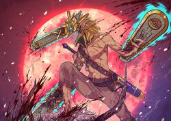 Rule 34 | 1boy, absurdres, arm tattoo, belt, blonde hair, blood, chainsaw, chainsaw man, crossover, denji (chainsaw man), fangs, highres, link, male focus, mask, moon, muscular, muscular male, night, night sky, nintendo, pants, pointy ears, red moon, sath, scabbard, sheath, sky, sword, tattoo, the legend of zelda, the legend of zelda: tears of the kingdom, torn clothes, transformation, weapon