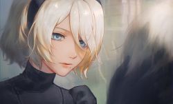 Rule 34 | 1boy, 1girl, black dress, black gloves, black hairband, blue eyes, commentary, dress, english commentary, gloves, hairband, hand on another&#039;s head, highres, mole, mole under mouth, nier:automata, nier (series), no blindfold, short hair, solo focus, upper body, white hair, 2b (nier:automata), 9s (nier:automata), zieru