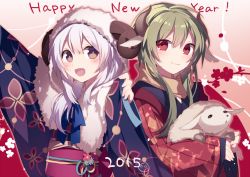 Rule 34 | 10s, 2015, 2boys, 2girls, :d, androgynous, animal ears, borrowed character, brown eyes, floral print, gradient background, green hair, happy new year, hijiri (resetter), horns, japanese clothes, kemonomimi mode, kimono, libertas (nyori), long hair, long sleeves, looking at viewer, multiple boys, multiple girls, new year, obi, open mouth, original, pink background, red eyes, revision, sash, sheep, sheep ears, sheep girl, sheep horns, silver hair, smile, trance (hijiri), trap, wide sleeves