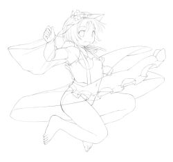 Rule 34 | 1girl, aki minoriko, barefoot, bow, bow panties, breasts, dress, feet, greyscale, hat, jumping, kasuga yukihito, leaf, lineart, monochrome, panties, small breasts, smile, solo, touhou, traditional media, underwear, unfinished