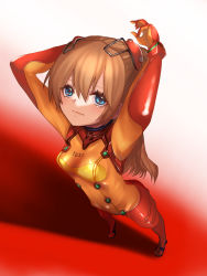 Rule 34 | 1girl, absurdres, arms up, artist request, blue eyes, bodysuit, breasts, evangelion: 2.0 you can (not) advance, full body, gradient background, highres, interface headset, lips, long hair, looking to the side, looking up, neon genesis evangelion, perspective, plugsuit, rebuild of evangelion, red bodysuit, see-through, see-through bodysuit, shiny clothes, shiny skin, skin tight, smile, solo, souryuu asuka langley, standing, test plugsuit, two side up, upper body, very long hair, wide hips