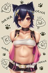 Rule 34 | 1girl, animal ears, arms behind back, bandeau, bare shoulders, belt, belt buckle, black choker, black shorts, blue hair, breasts, buckle, character name, choker, closed mouth, collarbone, comic, cowboy shot, god eater, god eater 2: rage burst, grey background, hair ornament, hairclip, highres, kouzuki nana, looking at viewer, navel, open clothes, open vest, paw print, paw print background, pig, pink vest, purple eyes, short hair, short shorts, shorts, skindentation, small breasts, smile, solo, stomach, tareme, underboob, unzipped, vest, watanuki kaname, x hair ornament, x x
