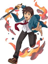 Rule 34 | 1boy, arms up, artist request, black pants, black socks, blue jacket, breast pocket, brown eyes, brown footwear, brown hair, buttons, collared shirt, constricted pupils, fire, full body, highres, holding, holding sword, holding weapon, jacket, kyon, leg up, loafers, long sleeves, looking down, male focus, necktie, non-web source, official art, open clothes, open jacket, open mouth, outstretched arms, pants, pocket, red necktie, running, school uniform, shirt, shoes, short hair, sidelocks, simple background, smoke, socks, solo, suzumiya haruhi no yuuutsu, sweat, sword, teeth, transparent background, v-shaped eyebrows, weapon, white shirt, world flipper