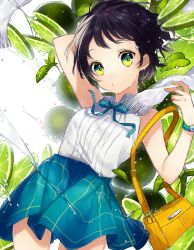 Rule 34 | 1girl, absurdres, arm up, bag, bare arms, bare shoulders, black hair, blue skirt, collared shirt, commentary request, fingernails, food, fruit, green eyes, handbag, head tilt, highres, leaf, lime (fruit), lime slice, looking at viewer, nail polish, original, parted lips, scarf, shirt, short hair, shoulder bag, skirt, sleeveless, sleeveless shirt, sogawa, solo, watch, water, water drop, white background, white scarf, white shirt, wristwatch, yellow nails