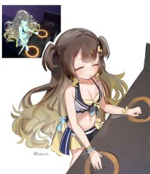Rule 34 | 1girl, ^ ^, anya melfissa, bare arms, bare shoulders, blonde hair, bracelet, breasts, brown hair, closed eyes, commentary, derivative work, dj, gradient hair, happy, highres, hololive, hololive indonesia, hololive summer 2023 swimsuit, jewelry, long hair, multicolored hair, navel, phonograph, reference inset, screenshot redraw, simple background, small breasts, smile, sobbi11, solo, stomach, turntable, twitter username, two side up, very long hair, virtual youtuber, wavy hair, white background