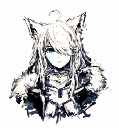 Rule 34 | 1girl, absurdres, animal ear fluff, animal ears, braid, commentary request, dog tags, fox ears, fox girl, fur-trimmed jacket, fur trim, green eyes, hair between eyes, hair over one eye, highres, hololive, jacket, looking at viewer, merpperoni, shirakami fubuki, shirakami fubuki (fubukitek), sidelocks, simple background, single braid, solo, swept bangs, virtual youtuber, white background, white hair, white jacket
