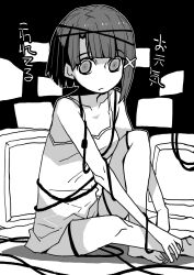 Rule 34 | 1girl, :/, barefoot, blunt bangs, blunt ends, breasts, cable, camisole, closed mouth, collarbone, commentary, crt, dowman sayman, empty eyes, expressionless, foot out of frame, hair ornament, hand on own leg, highres, iwakura lain, knee up, looking at viewer, monitor, no pants, serial experiments lain, short hair, single sidelock, sitting, small breasts, solo, spaghetti strap, translation request, wrapped up, x hair ornament