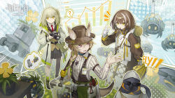 Rule 34 | 1boy, 3girls, ?, ahoge, animal, arknights, beanstalk (arknights), bird, black footwear, black skirt, braid, brown headwear, brown vest, camera, chain, chinese commentary, coat, collar, copyright name, crab, drone, ears through headwear, flower, gloves, gold chain, graph, green jacket, green legwear, hair ornament, hair ribbon, highres, holding, holding camera, hyena ears, hyena girl, hyena tail, id card, infection monitor (arknights), jacket, kang yiqian (self cultivation), light blush, magallan (arknights), mask, mask around neck, medium hair, multiple girls, necktie, open clothes, open jacket, open mouth, penguin, plant, pleated skirt, potted plant, red eyes, red neckwear, ribbon, scene (arknights), single braid, skirt, spoken question mark, sunglasses, table, emperor (arknights), vest, watermark, white coat, white gloves, white headwear, yellow eyes, yellow flower