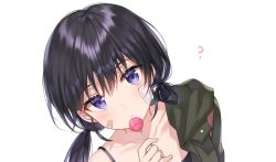 Rule 34 | 1girl, ?, bad id, bad twitter id, bandaid, bandaid on cheek, bandaid on face, black hair, black shirt, blue eyes, blush, candy, collarbone, face, food, frown, green jacket, highres, holding, jacket, lollipop, long hair, looking at viewer, original, shirt, simple background, solo, tokkyu, twintails, white background